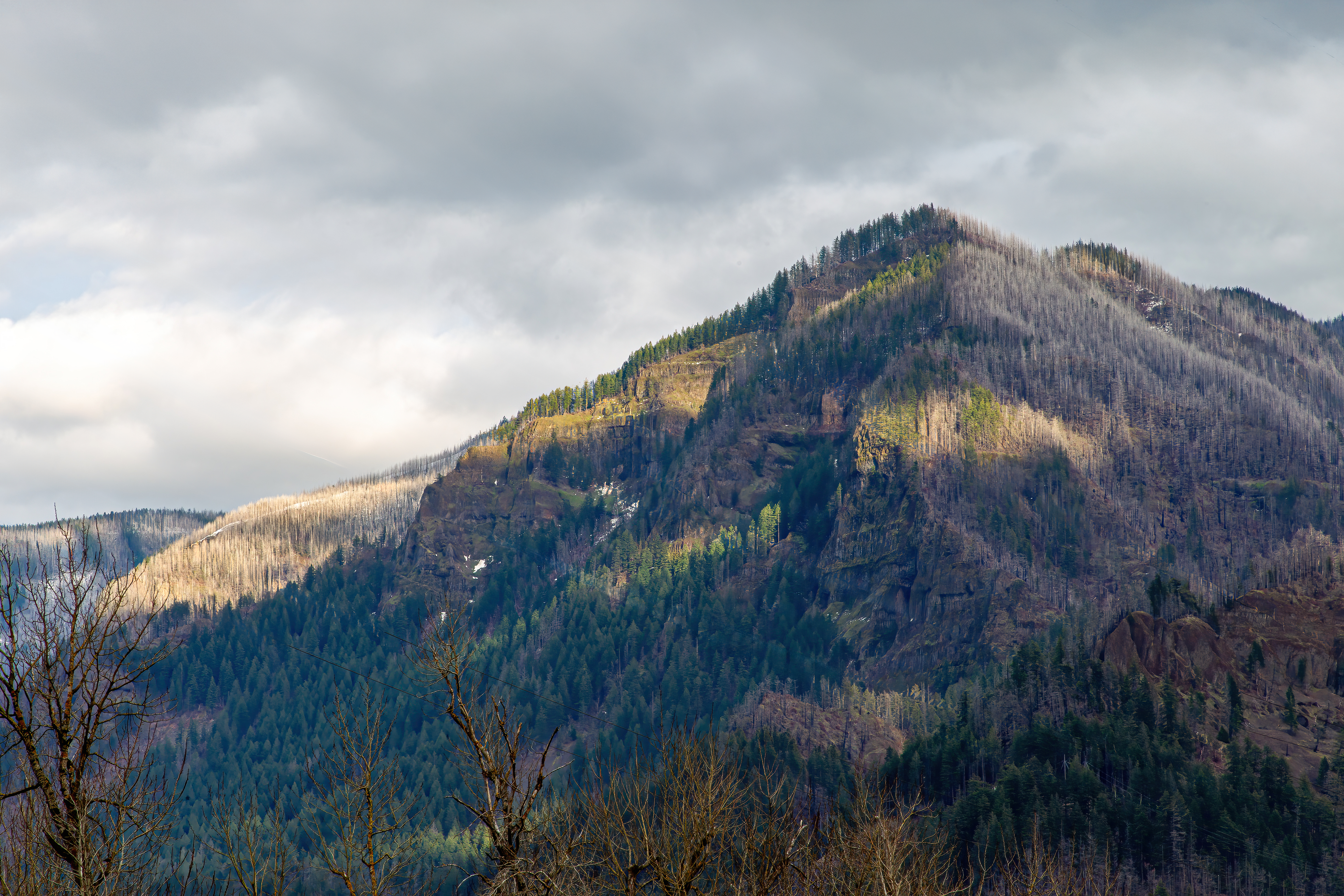 This view is of a mountain peak on the Oregon side of the Columbia River. The photo was taken from the Washington side of the Columbia River.